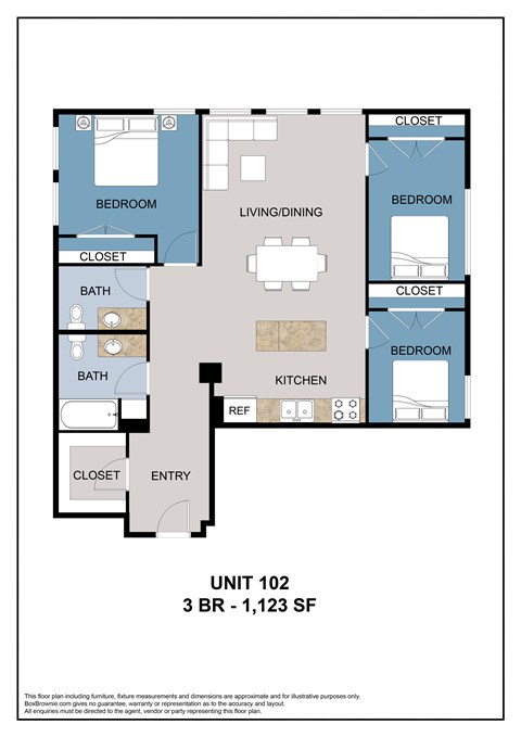Floor plan for 3 beds, 1.5 baths, 1223 sqft
